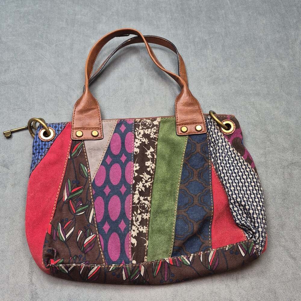 Fossil Striped Y2K Patchwork Boho Suede & Canvas Shoulder Satchel Colorful